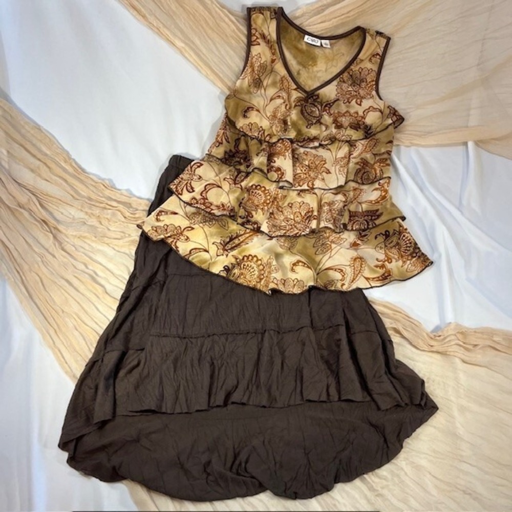 Cato‎ Women's Lined Ruffled Top and Skirt Set Brown/Tan Size S/XS